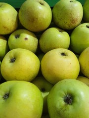 Close up pile of tasty fresh apples sold at the market as a background.