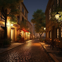 Fototapeta na wymiar Evening Lights in Old Town Cobblestone Streets