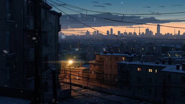 Urban winter, snowfall hitting the city at night. anime illustration style, painting animation. smooth looping time-lapse animation. Generated with AI