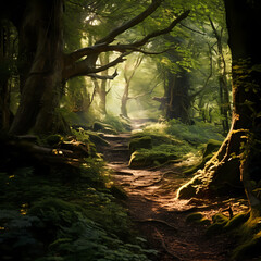 Sunlight filtering through the dense foliage of an ancient, mystical forest