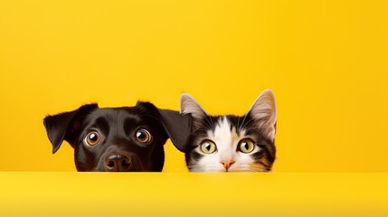Happy sitting and panting Golden retriever dog and blue Maine Coon cat looking at camera, Isolated on yellow background. - obrazy, fototapety, plakaty