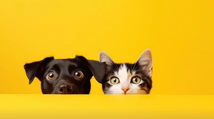 Tuinposter Happy sitting and panting Golden retriever dog and blue Maine Coon cat looking at camera, Isolated on yellow background. © Kowit