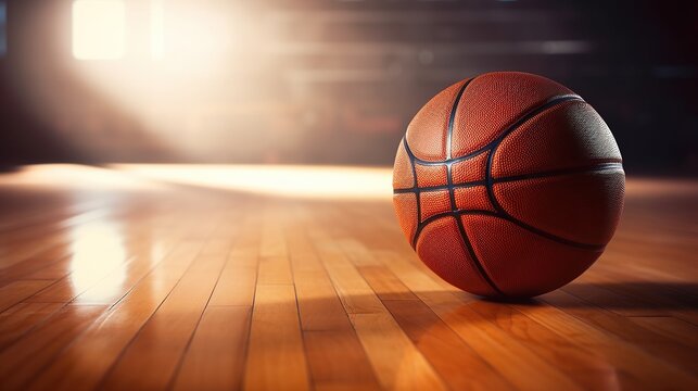Basketball ball on wooden floor and sport arena