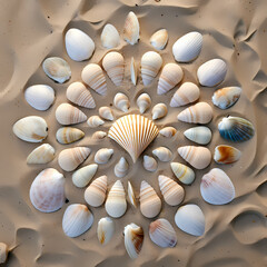 A symmetrical arrangement of seashells on a sandy beach