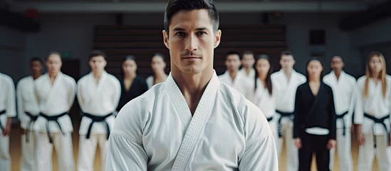 Fotobehang A martial arts instructor, dressed in white and with a black belt, stands before his students in a gym during training. © AkuAku