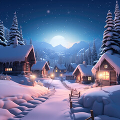 Twilight Sky and Cozy Cabins in Snow Village