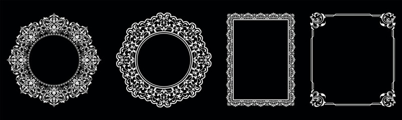 Set of decorative frames Elegant vector element for design in Eastern style, place for text. Floral black and white borders. Lace illustration for invitations and greeting cards.