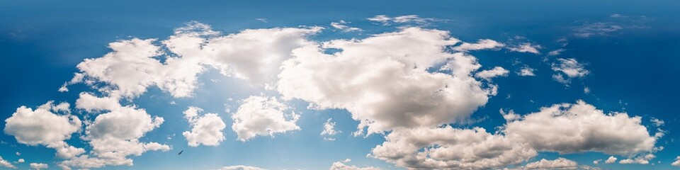 Blue summer sky panorama with Cumulus clouds. Seamless hdr spherical 360 panorama. Zenith or sky dome in 3D visualization, sky replacement for aerial drone 360 panoramas. Weather and climate change