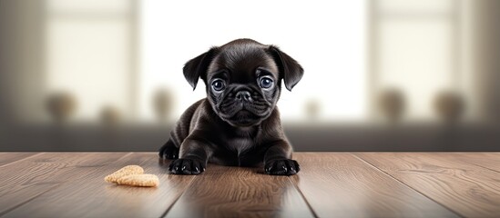 Black pug puppy eating snack on floor. - obrazy, fototapety, plakaty