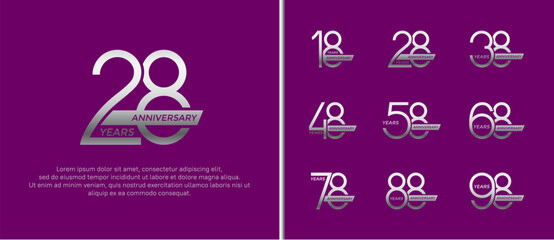 set of anniversary logo silver color and ribbon on purple background for celebration moment