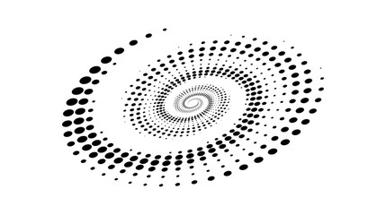 Spiral dotted line element. Radial spinning halftone texture. Circle swirl dots shape in perspective. Black abstract background for poster, banner, logo, icon, collage, presentation, emblem. Vector