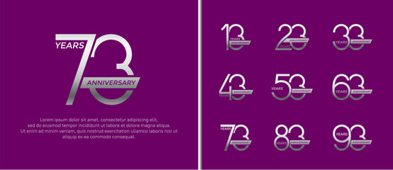set of anniversary logo silver color and ribbon on purple background for celebration moment