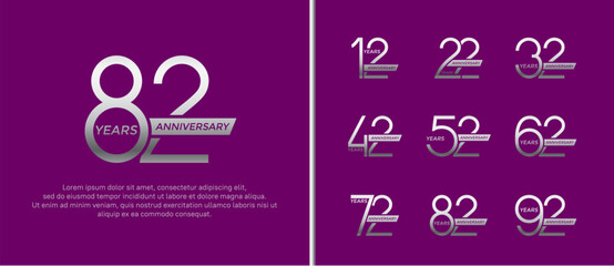 set of anniversary logo silver color and ribbon on purple background for celebration moment