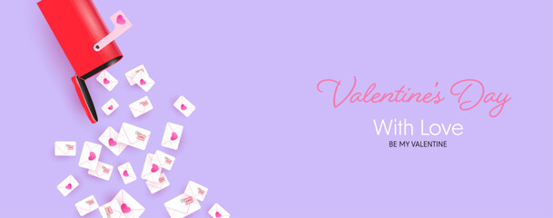 Happy Valentines Day card. Modern design with sweet hearts, mail box and letter. Trendy design for greeting card, celebration, ads, branding, banner, cover template, label, poster, sales.