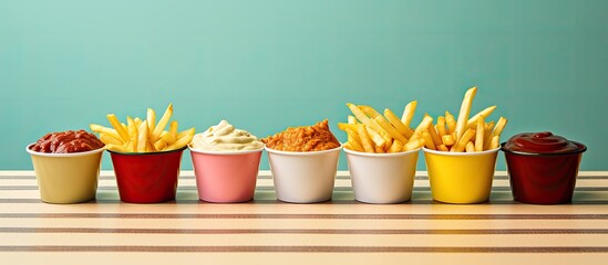 Condiments in cups on a fast food table, for fries. - obrazy, fototapety, plakaty