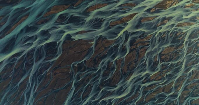 Aerial Close-up Detailed Of Kálfafell River Braids Of Iceland.