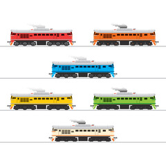 Diesel locomotive in various paint options. Side view. Vector illustration
