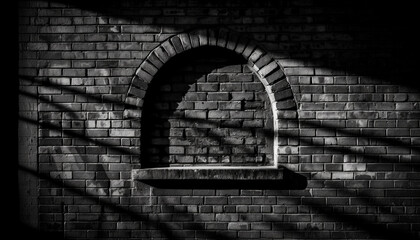 Dark brick wall with rusty metal arch and abstract shape generated by AI