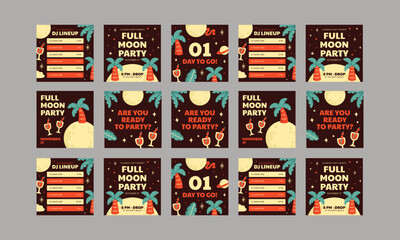 moon party social media post vector flat design set - obrazy, fototapety, plakaty