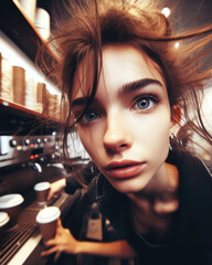 Fototapeta premium comical photo of young woman with messy hair overworked as a barista for morning coffee