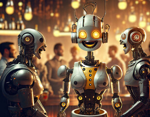 3d art of comical drunk happy futuristic robots in a bar