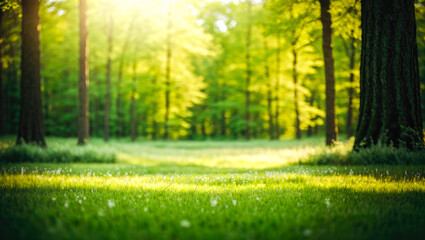 Spring. Forest and Beautiful meadow field with fresh grass in nature Summer spring perfect natural landscape.
