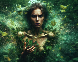  illustration on an angry nature goddess, elemental or sprite in a lush jungle forest - 692293519