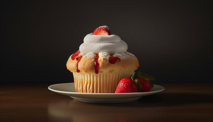 Homemade berry cupcakes with whipped cream and chocolate decoration generated by AI