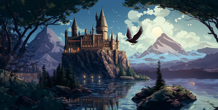 castle in the mountains, picture in the Hogwarts style the main elements, castle in the mountains