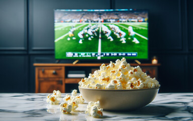 Popcorn on the table in front of the TV and live broadcasts of American football games in the living room time of rest