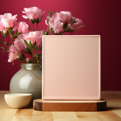 Wooden table with vase of pink tulips generated by AI