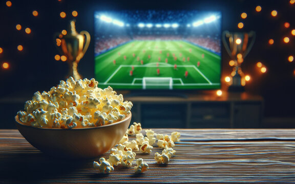 Popcorn on the table in front of the TV and live football broadcasts in the living room time of rest