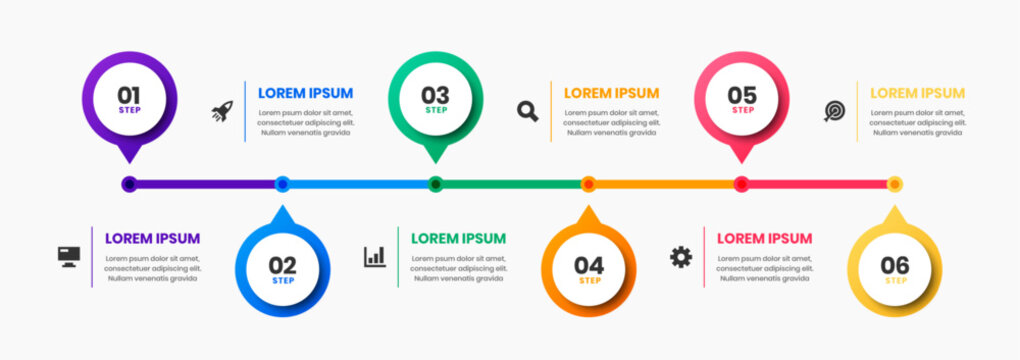 Timeline Business Infographic Template with Circle 
Label, Icon and 6 Steps. Suitable for Process Diagram, Presentations, Workflow Layout, Banner, Flow Chart, Infographic.