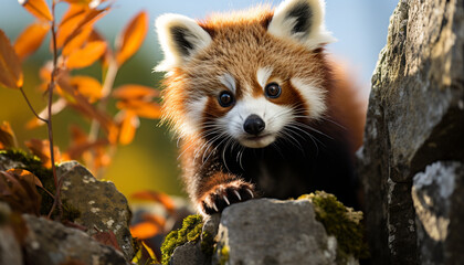 Cute red panda sitting on branch in forest generated by AI