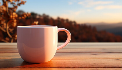 Wooden coffee cup on table, surrounded by nature freshness generated by AI