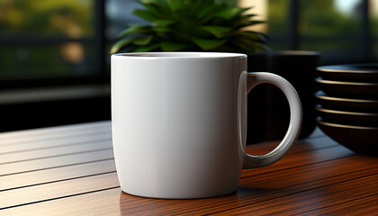 Fototapeta premium Coffee cup on wooden table, close up generated by AI