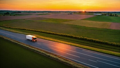 truck driving on the asphalt road in rural landscape at sunset