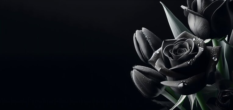 Black roses with water drop on a black background, closeup. Space for text. Tulips. Mother's Day concept with a space for a text. Valentine's Day concept with a copy space.generative ai