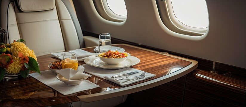 Elegant table in business aircraft adorned with luxury interior.