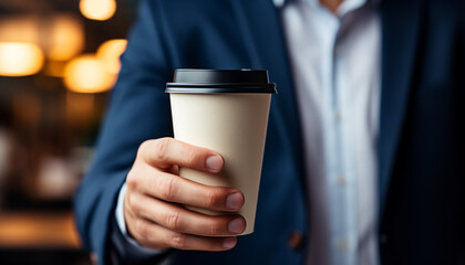 Businessman holding coffee cup, enjoying a successful break generated by AI