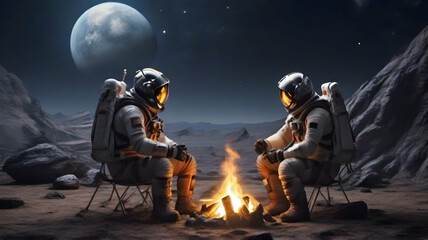 Fototapeta premium Astronauts have conversation in the moon with campfire