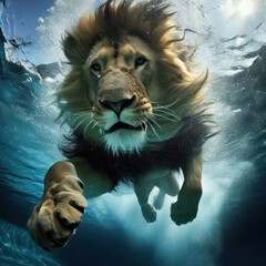 a lion swimming underwater in pool or clear river generative ai