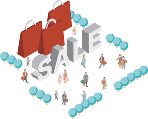 アイソメトリック　セール　買物　ショッピング　秋冬　人物　街並み　俯瞰　イラスト素材