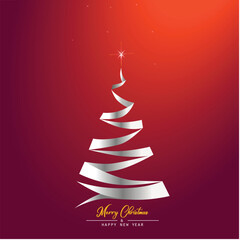 Hand drawn Christmas tree, Red xmas background design, Merry christmas and happy new year. Christmas tree from ribbons, Greeting card invitation. 