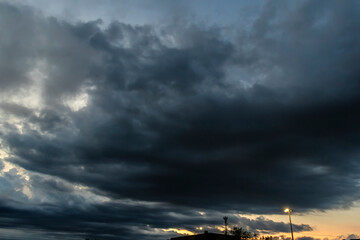 Sky and black cloud. Dark grey storm clouds. Dramatic sky. lighting in dark stormy cloudy. B...