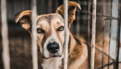Sad dog behind the bars of an animal shelter