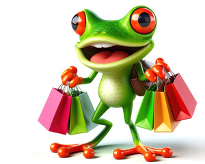 Fototapeta premium great 3d illustration of a funny red eyed tree frog with shopping bags
