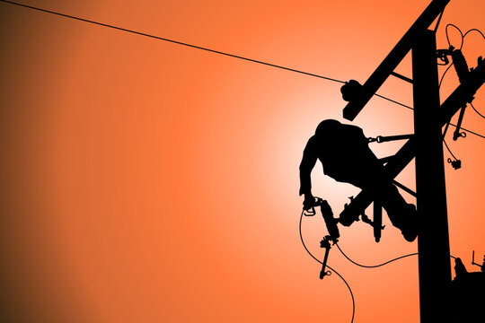 The silhouette power lineman disconnect the cable to replace the defective device that causes power outage. Before returning power to the power user. Background is single line diagram of distribution.