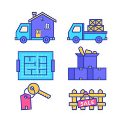 Fototapeta na wymiar Moving truck, moving house, house moving icon, house key icon