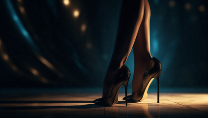 Shiny high heels elevate elegance and sensuality in fashion model generated by AI - obrazy, fototapety, plakaty